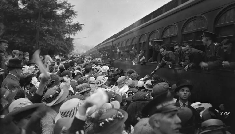 Canadian troops departing on a train